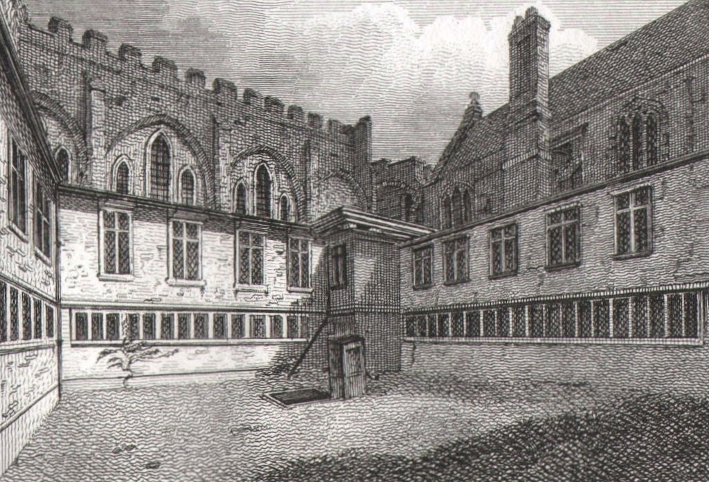 The Cloisters, Lambeth Palace, London. Antique engraved print 1817 old